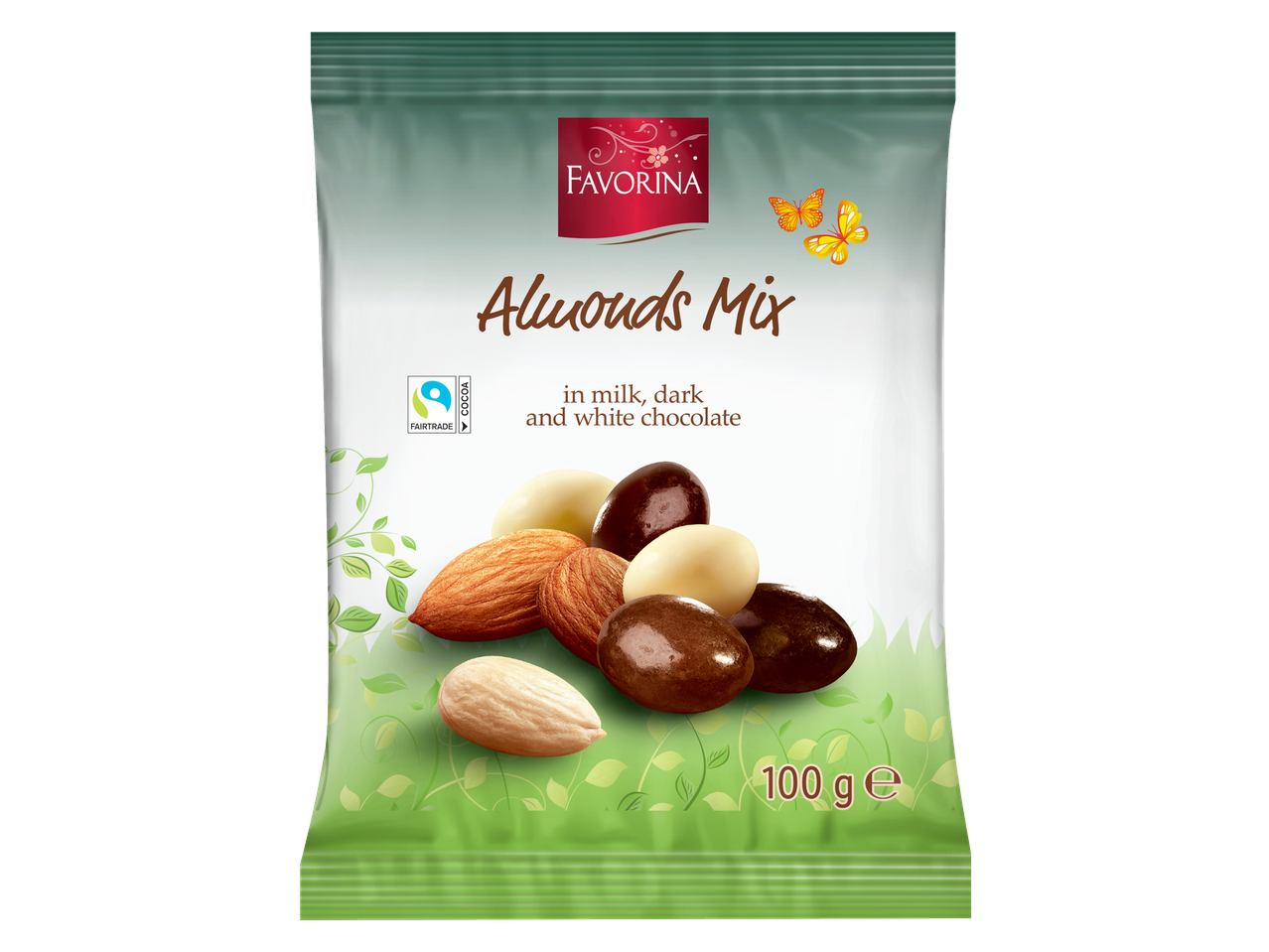 Favorina Almonds Mix pakend piima-, tumeda ja valge šokolaadiga kaetud mandlitega, 100 g.