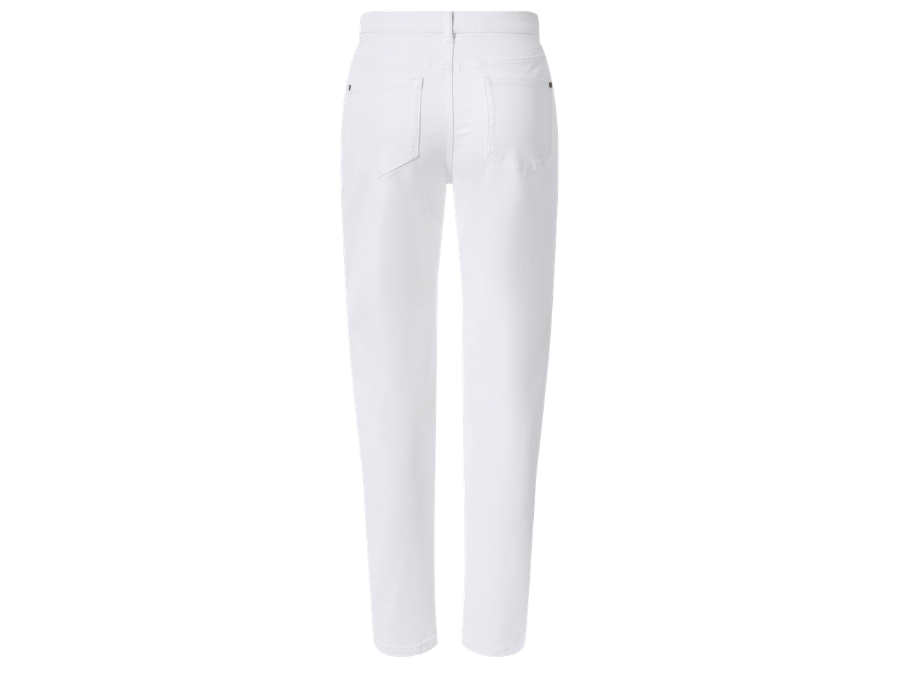 Бели дамски дънки с висока талия и прави крачоли, изглед отзад.