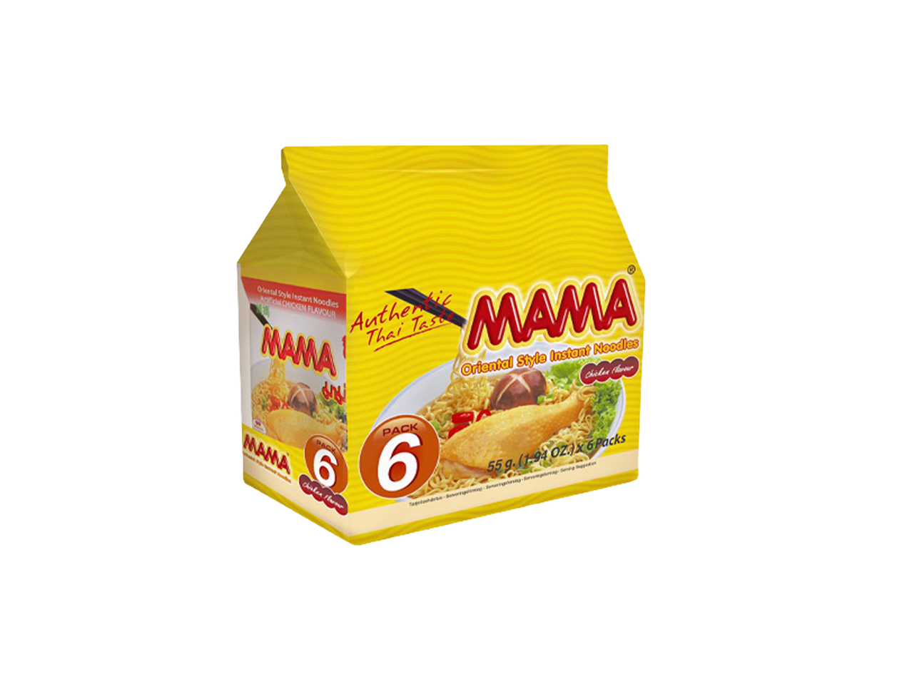 Keltainen pakkaus, jossa on 6 pakettia itämaisia kananuudeleita.