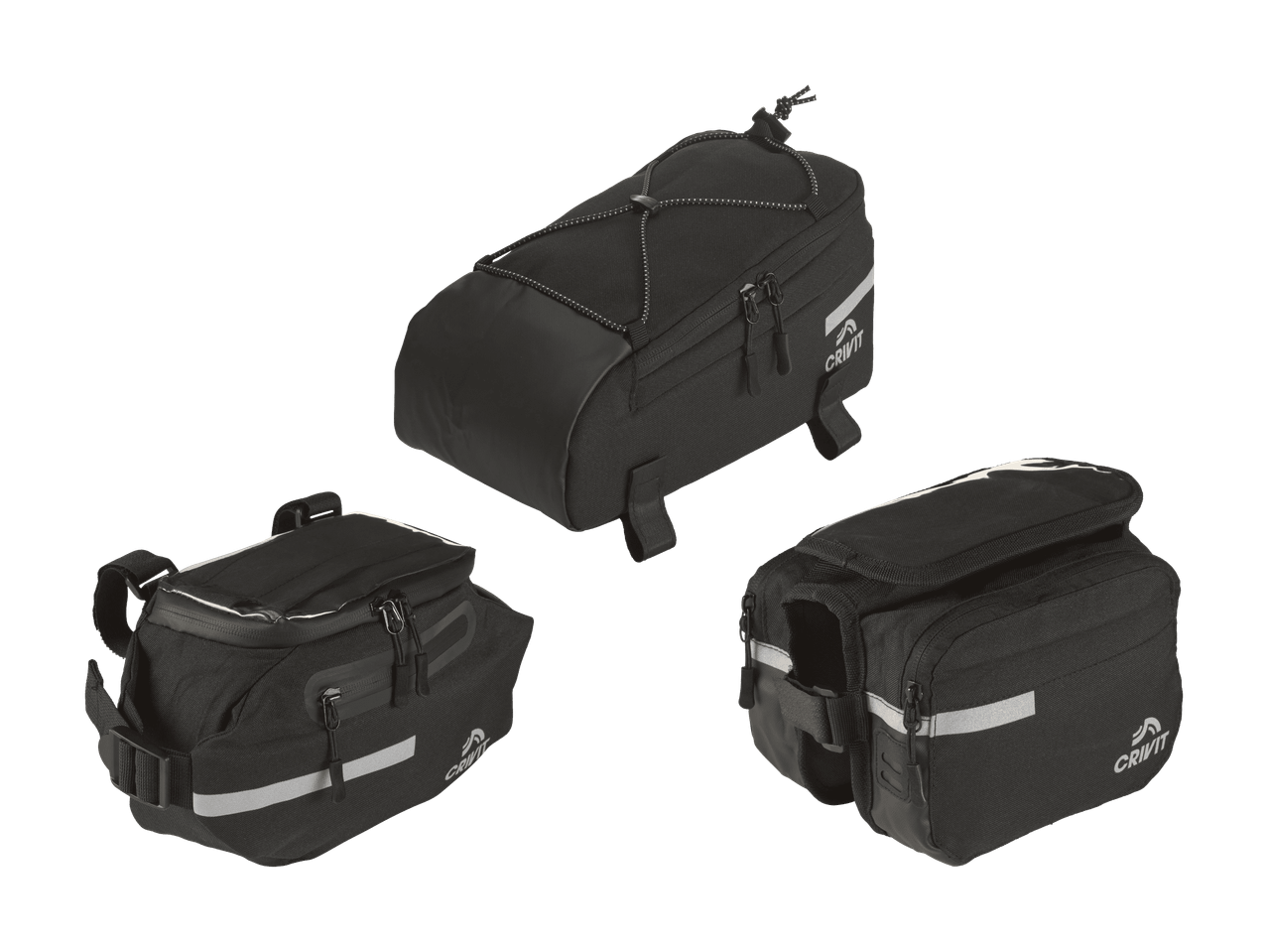 Drei schwarze Fahrradtaschen: Lenkertasche, Rahmentasche und Satteltasche.