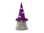 Halloween gnome decoration with a purple bat-patterned hat and a long grey beard