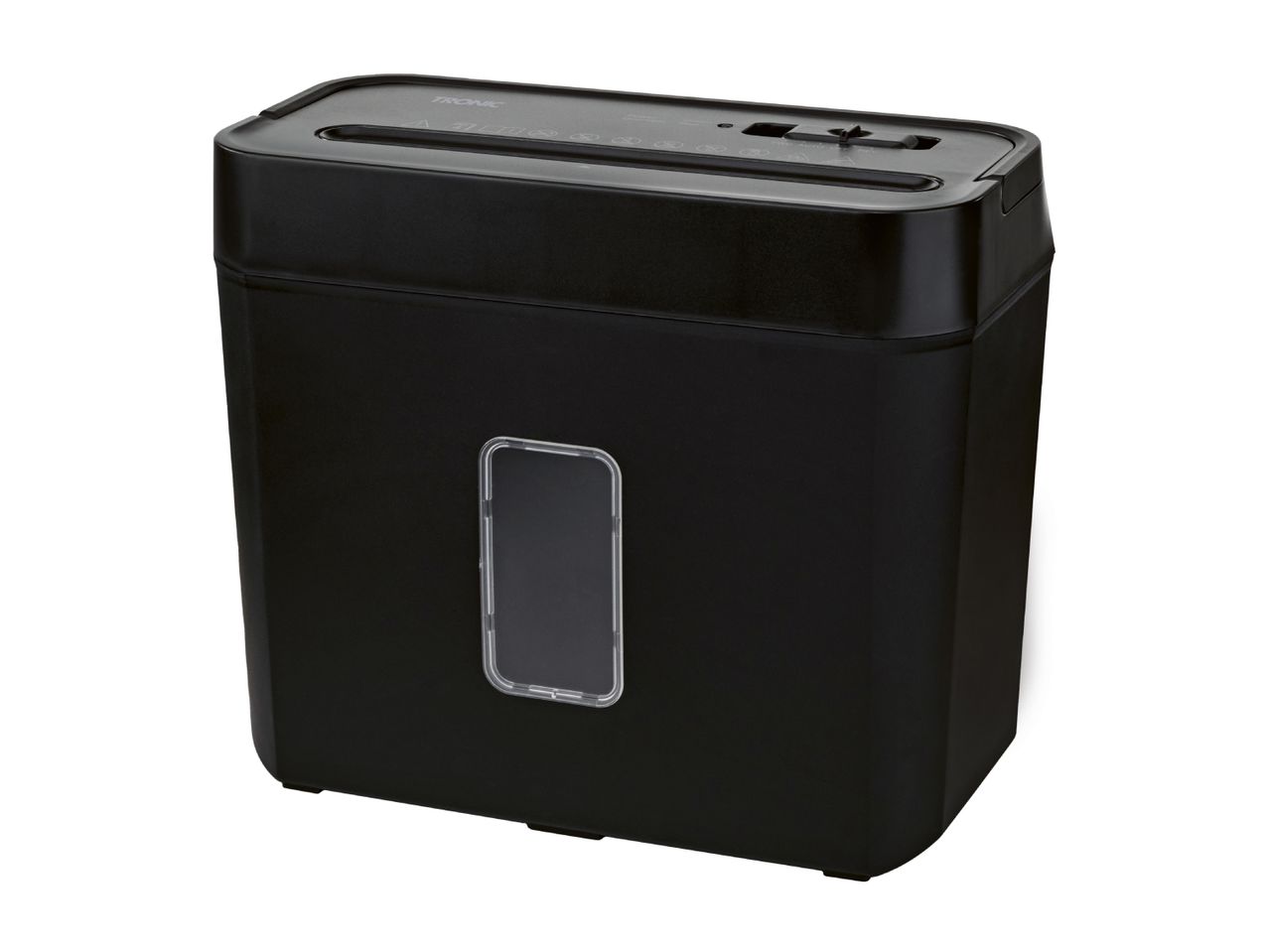 Black paper shredder with a clear window on the front, angled view.