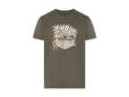 Olivtongrünes T-Shirt mit dem Aufdruck 'Beyond Horizons 1925' und Palmenmotiv.