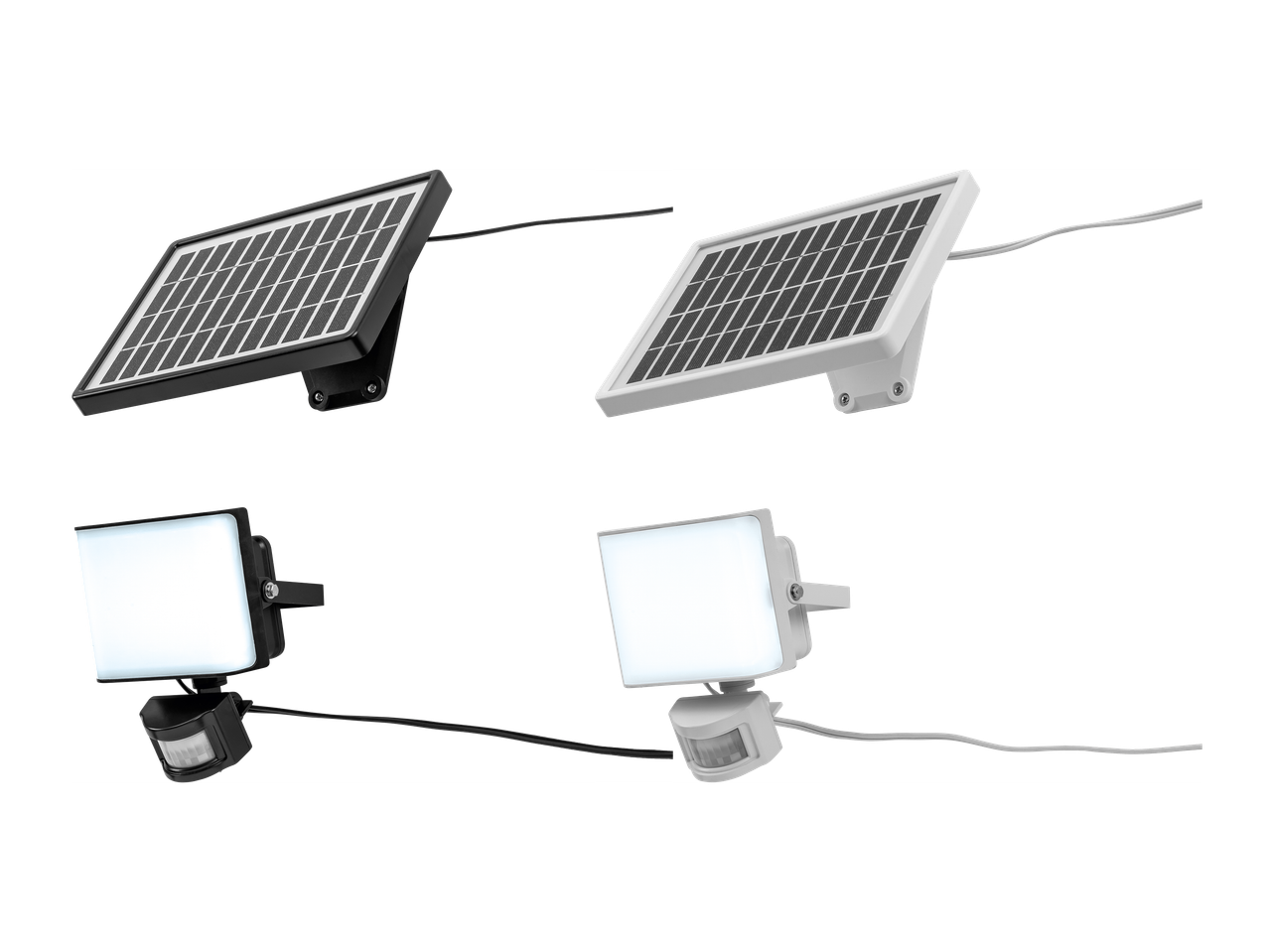 Dve solarni luči s senzorjem gibanja, ena črna in ena bela, na črnem ozadju.