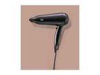 A black hairdryer with a concentrator nozzle, featuring a sleek design.