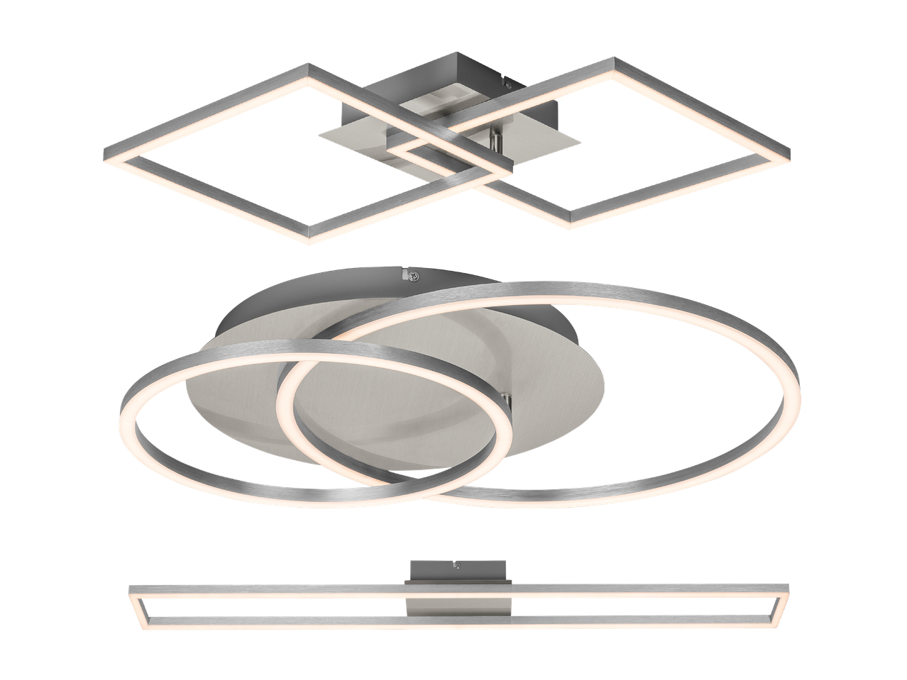 Trije moderni stropni svetilki z LED osvetlitvijo v različnih geometrijskih oblikah.