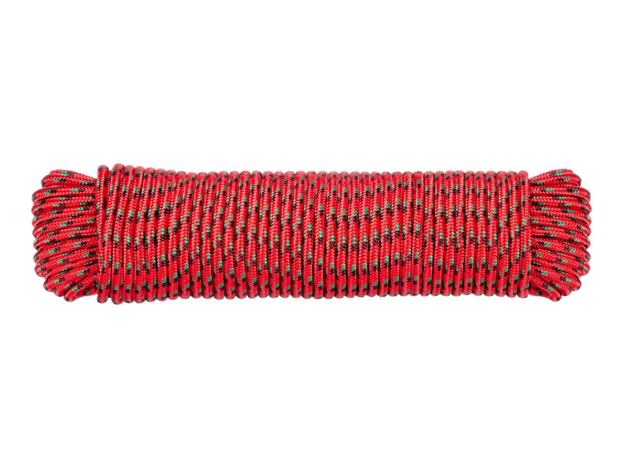 Red and green patterned rope, coiled and ready for use.