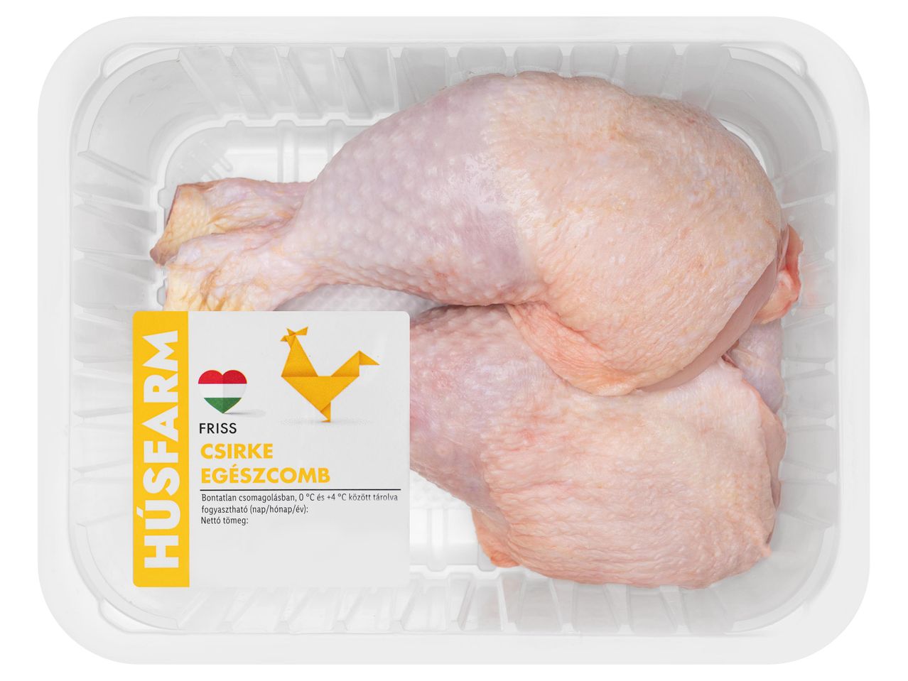 Friss csirke egészcomb átlátszó tálcán, HÚSFARM címkével.