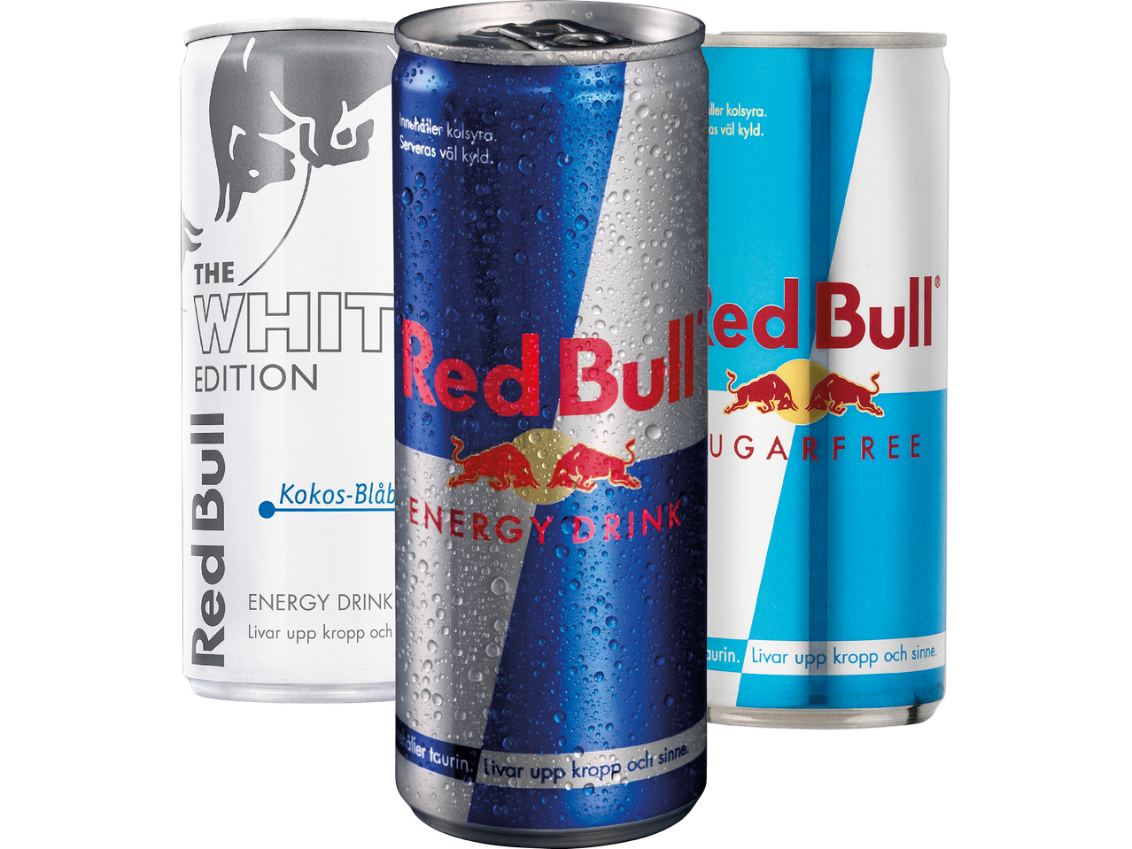 Tre Red Bull-burkar: White Edition, original och sockerfri.