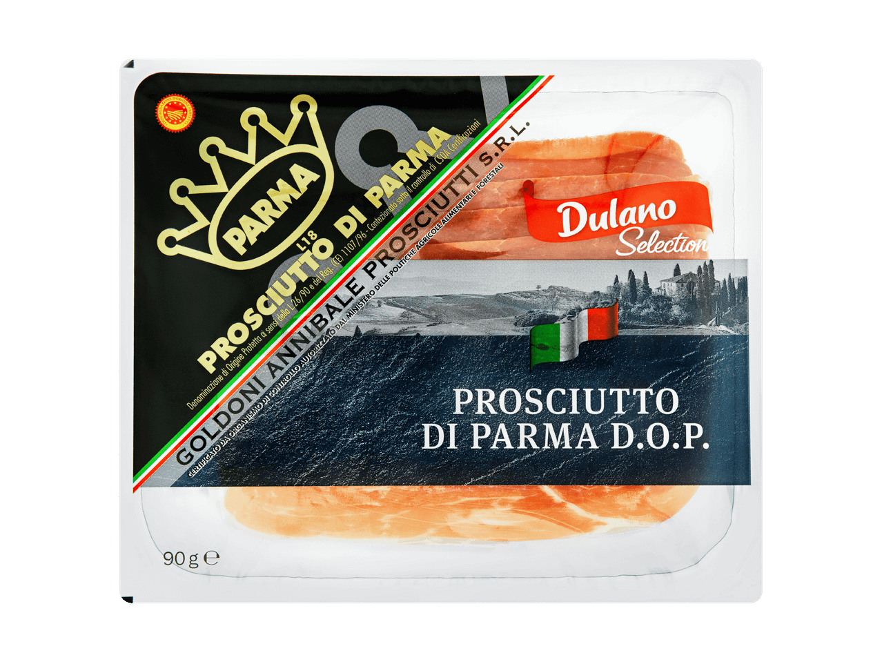 Verpackung von Parmaschinken mit der Aufschrift 'Prosciutto di Parma D.O.P.'