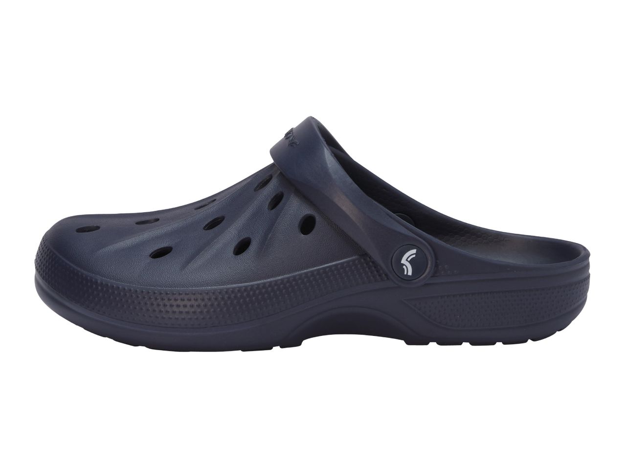 Dark blue slip-on clogs with ventilation holes and a textured sole, viewed from the side.