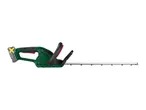 Cordless hedge trimmer with a green body and a long silver blade.