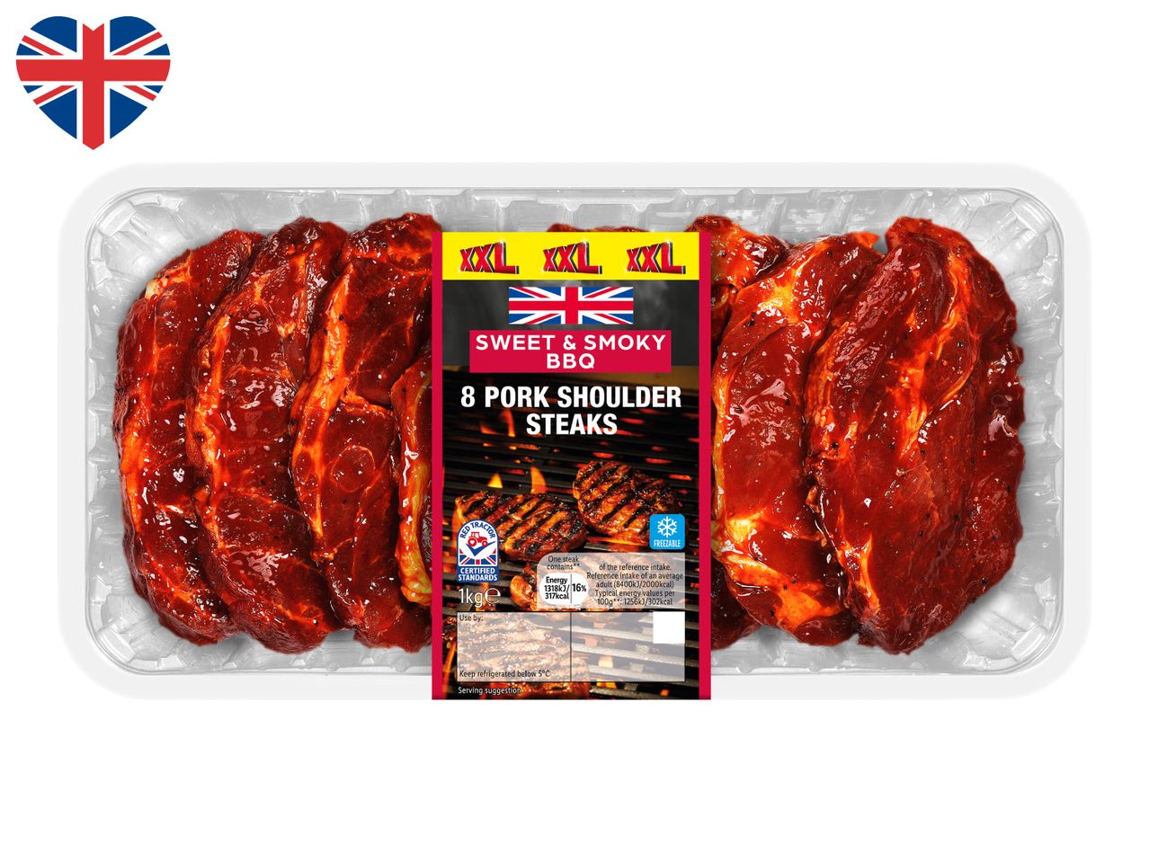 8 Sweet & Smoky BBQ pork shoulder steaks in a tray, with a Union Jack heart in the corner.