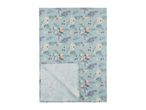 Light blue floral patterned tablecloth with white, pink, and purple flowers and green leaves.