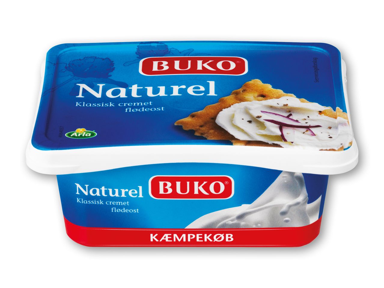 To beholdere med naturel flødeost, den øverste med kiks og rødløg, den nederste med mælkesprøjt.