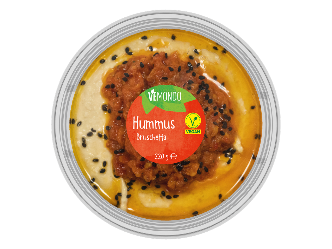 Hummus bruschetta Vēmondo cu semințe de susan.