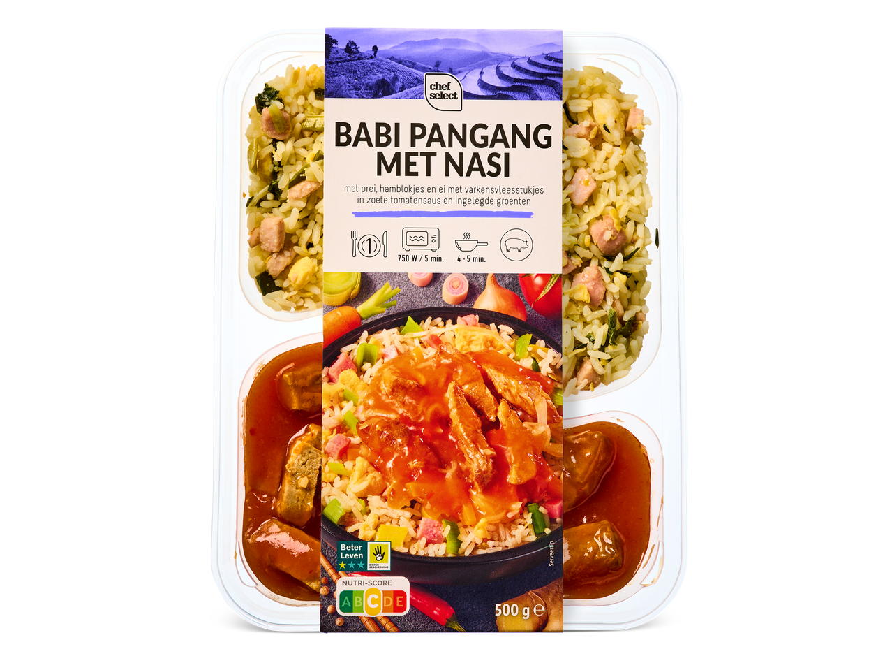 Babi Pangang met nasi, varkensvlees in zoete tomatensaus en ingelegde groenten, 500g.