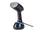 Dark blue handheld garment steamer with a textured silver head and a transparent water tank.