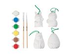 Paint-your-own ceramic ornaments featuring a bunny, chick, sheep, and beehive, with paints and brushes.