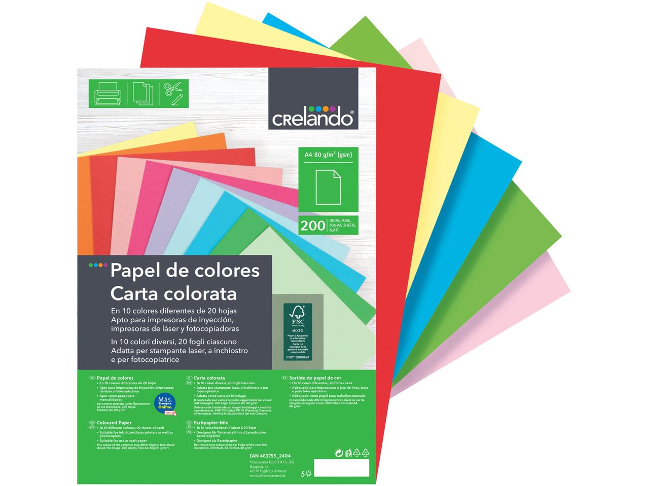Crelado colored paper pack for printing and crafts, 200 sheets, A4, 80 gsm.