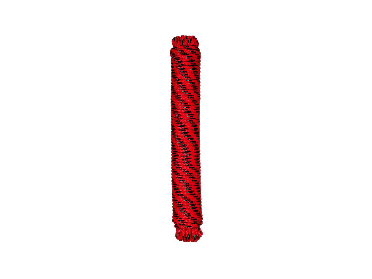 A coil of red and black polypropylene rope.