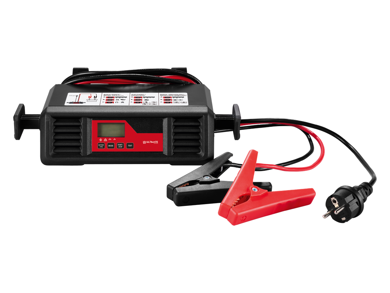 Punjač akumulatora s crvenim i crnim stezaljkama, zaslonom i gumbima za odabir načina rada.