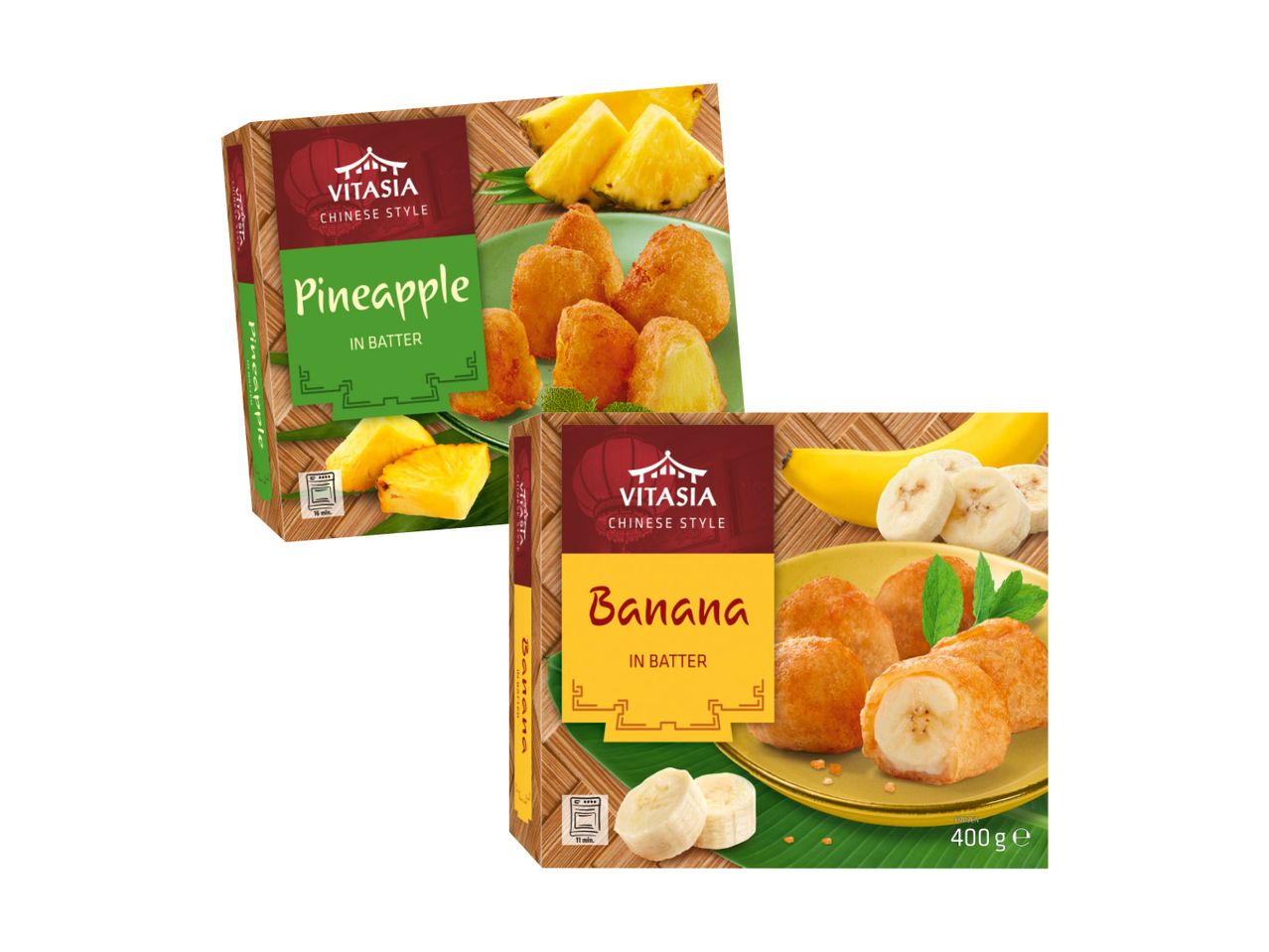 Pakovanja smrznutih Vitasija proizvoda: ananas i banana u testu, kineski stil.