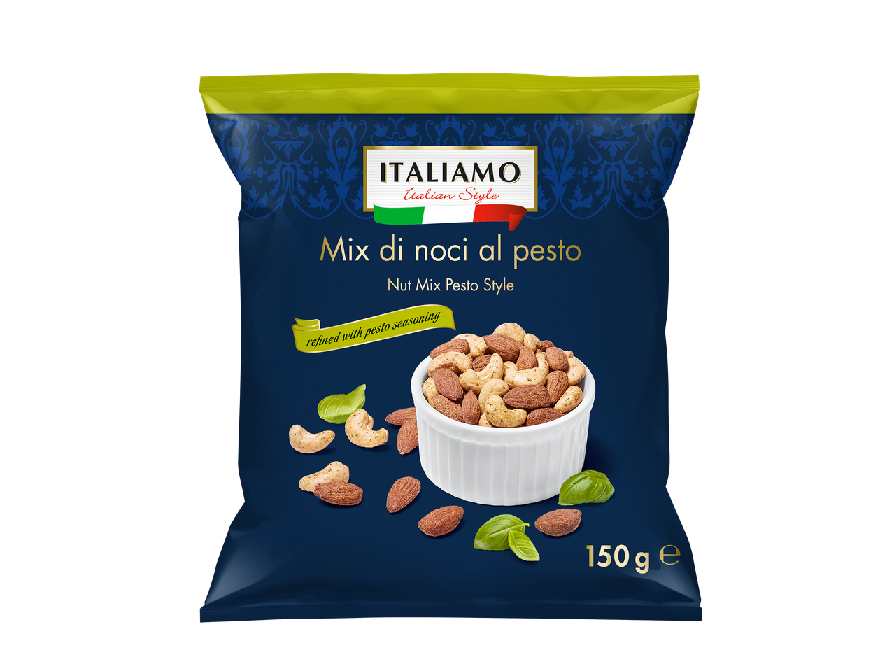 Sachet de mélange de noix saveur pesto avec des noix de cajou, des amandes et du basilic.