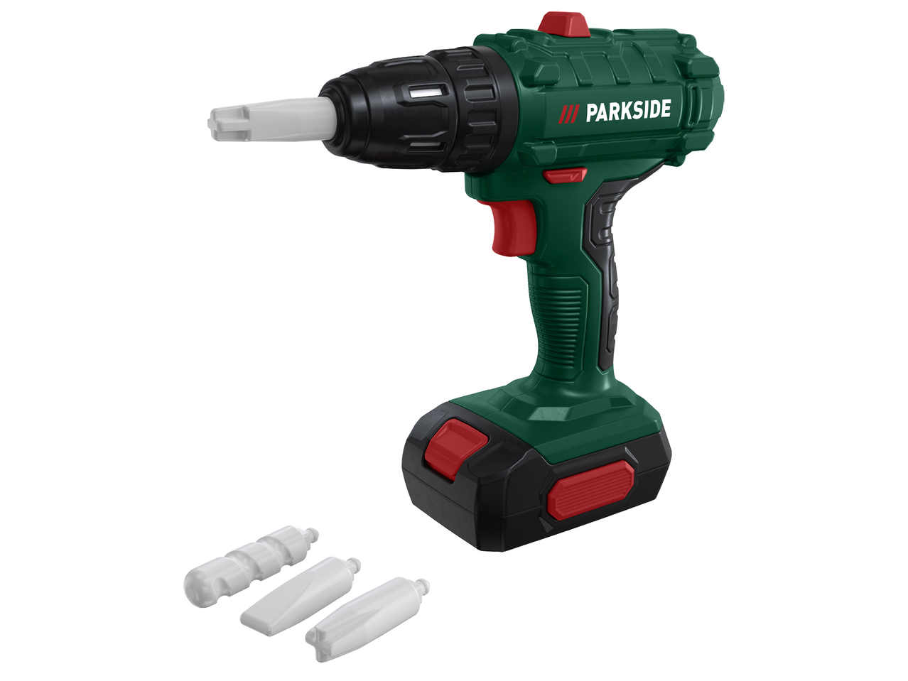 Акумулаторна бормашина играчка в зелено и черно с червени акценти и три бели накрайника.