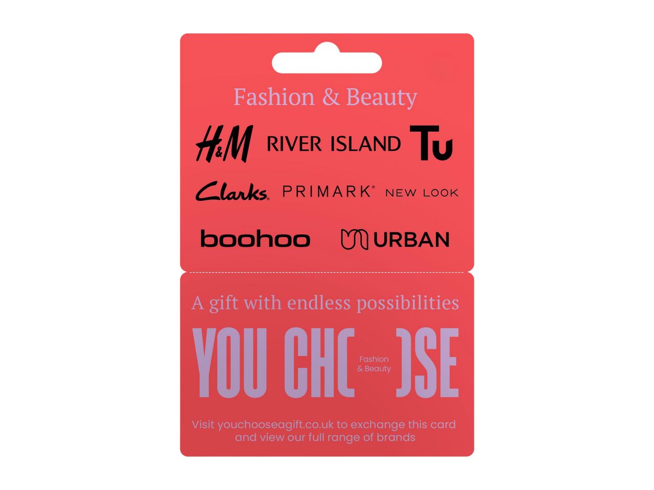 Fashion & Beauty gift card featuring brands like H&M, River Island, Tu, Clarks, Primark, New Look, Boohoo, and Urban.