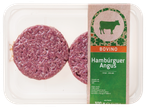 Embalagem de dois hambúrgueres de carne Angus com rótulo verde e castanho com silhueta de vaca.