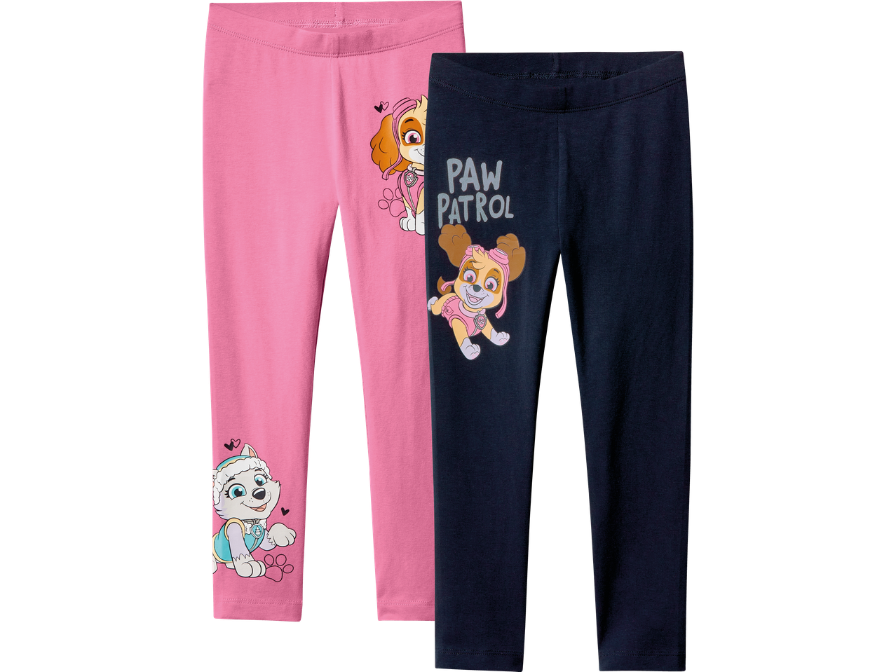 Två par Paw Patrol-leggings för flickor i rosa och mörkblå.