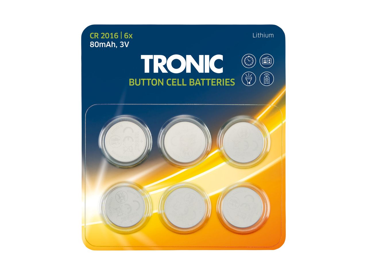 TRONIC CR 2016 lithium button cell batteries, 6-pack, 80mAh, 3V.