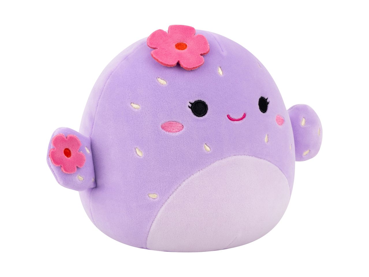 Purple plush toy with a pink flower on its head and small fins, featuring a smiling face.