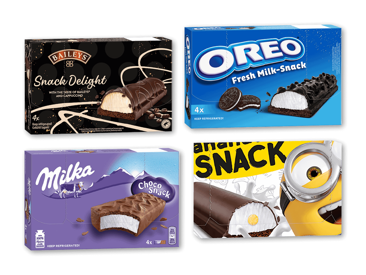 Fire pakker med kølesnacks, herunder en med kaffe- og flødesmag, en med chokolade- og mælkesmag, en med chokolade og en med banan.