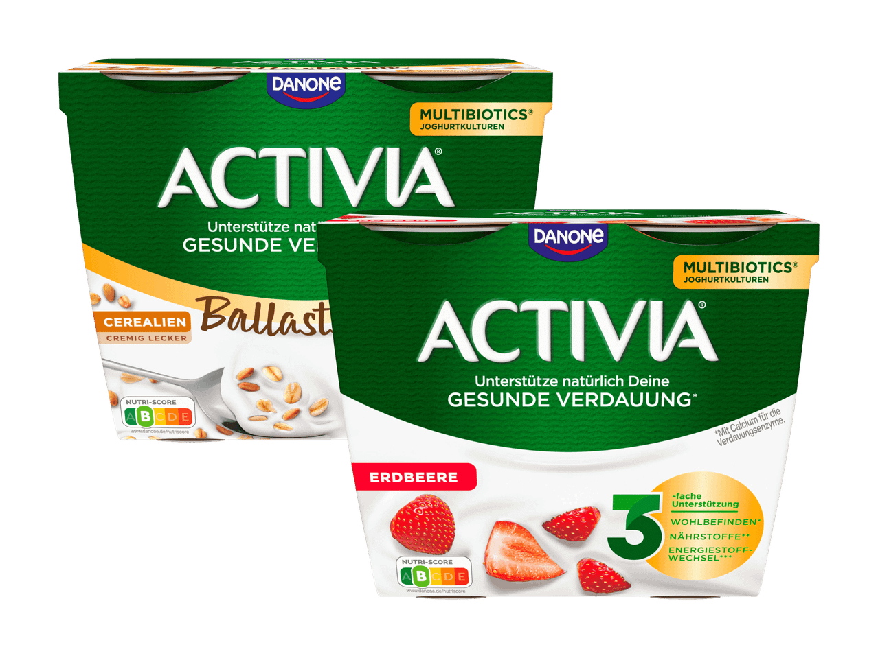 Zwei Packungen Activia Joghurt, eine mit Cerealien und die andere mit Erdbeeren.