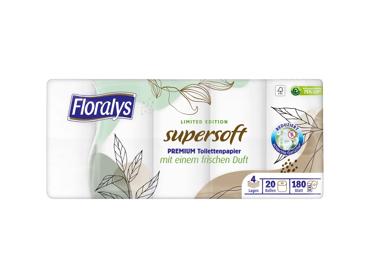 Floralys supersoft Toilettenpapier: 20 Rollen, 4 Lagen, frischer Duft.