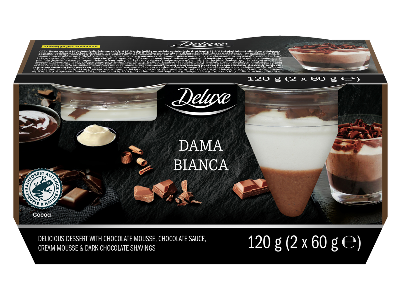 Desert Deluxe Dama Bianca cu mousse de ciocolată, sos și așchii.