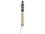 A gold hot air styler with a round brush attachment, control buttons, and a power cord.