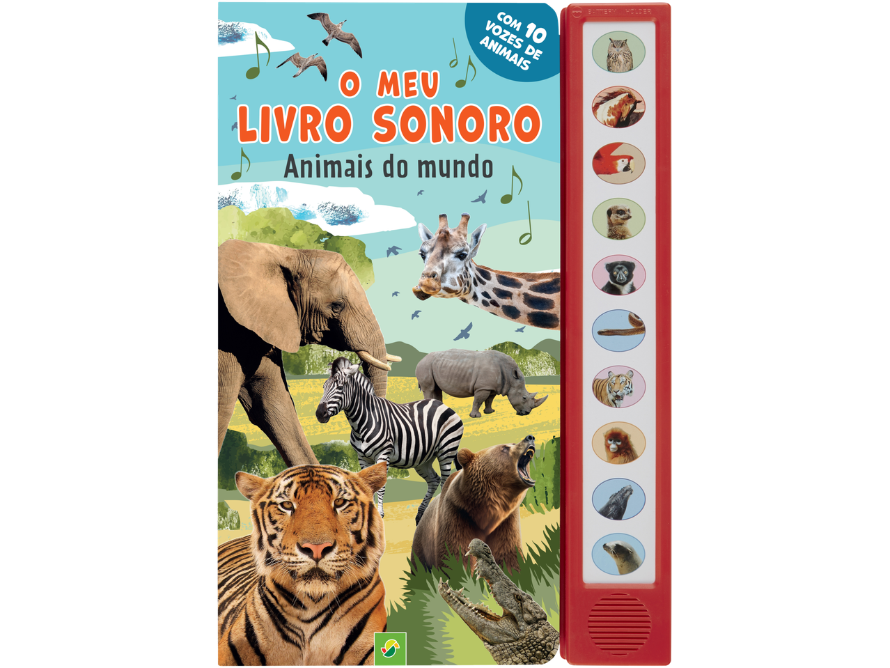 Livro sonoro infantil com vozes de animais, apresentando elefante, tigre, girafa e mais.