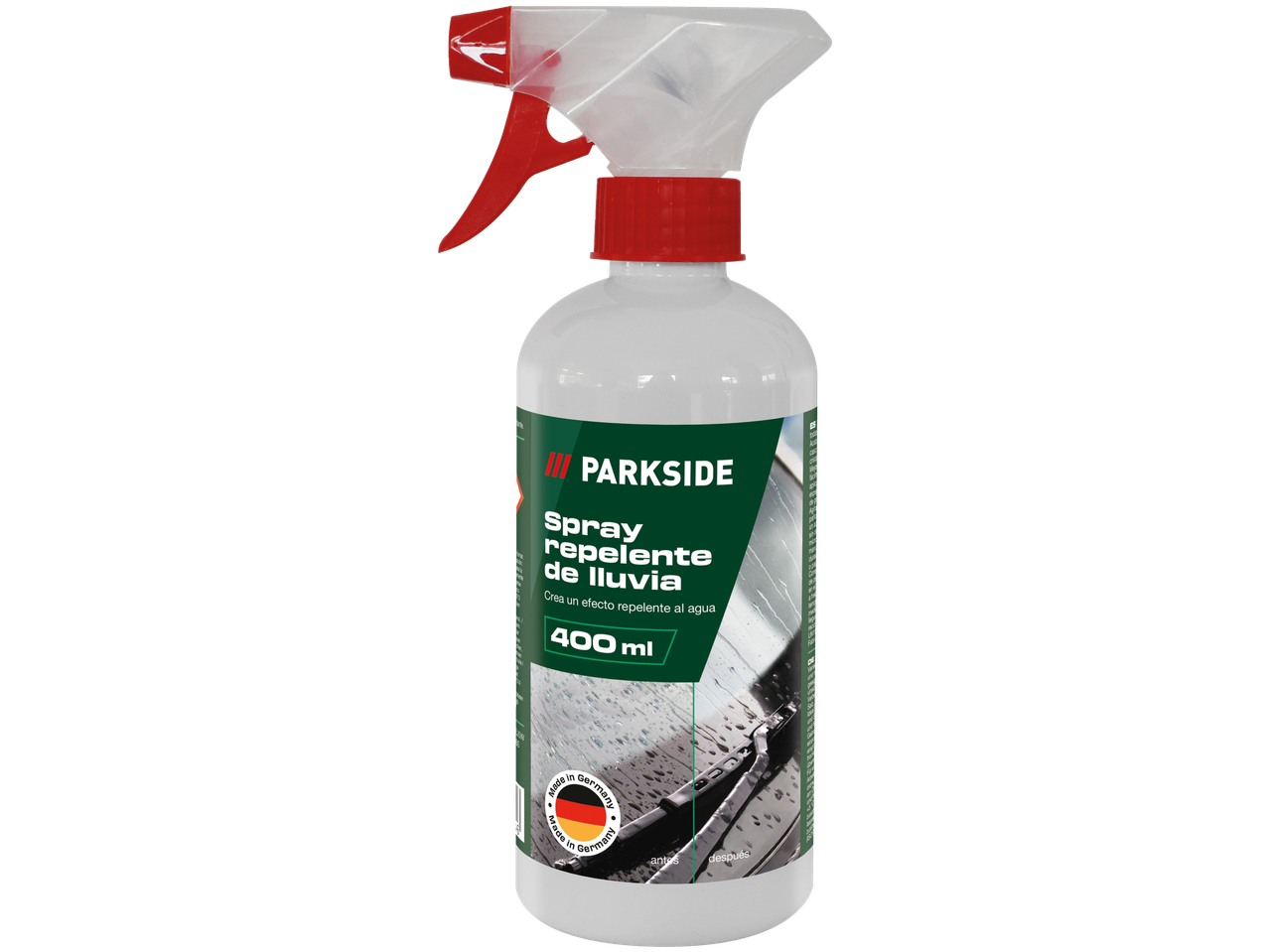 Frasco de spray repelente de chuva Parkside, 400 ml, com gatilho e tampa vermelhos.