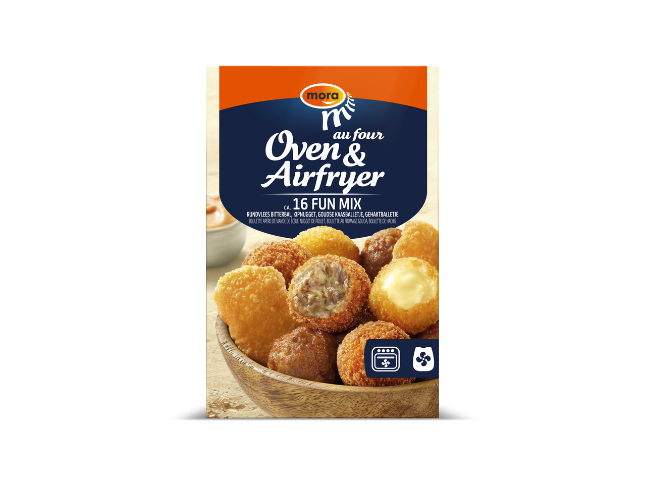 Mora Oven & Airfryer Fun Mix met diverse frituursnacks in een houten schaal.
