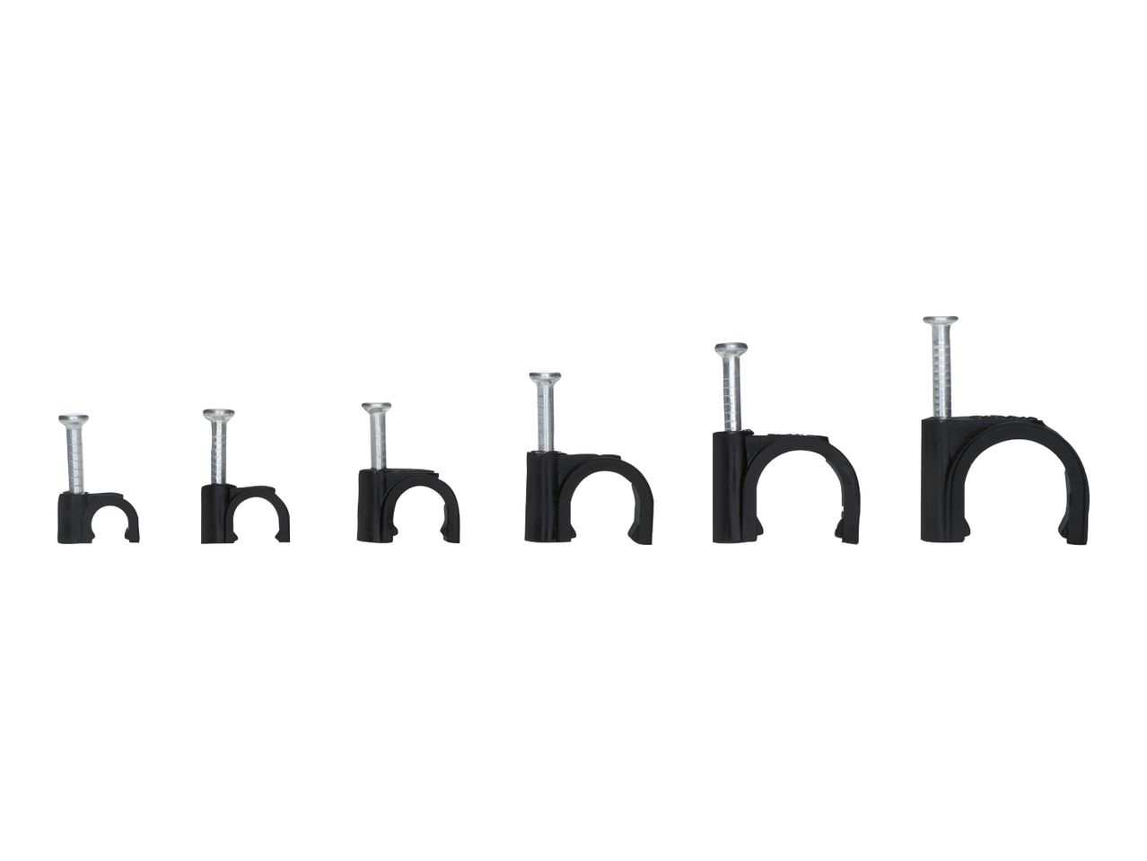 Six black cable clips with nails, varying in size from small to large.