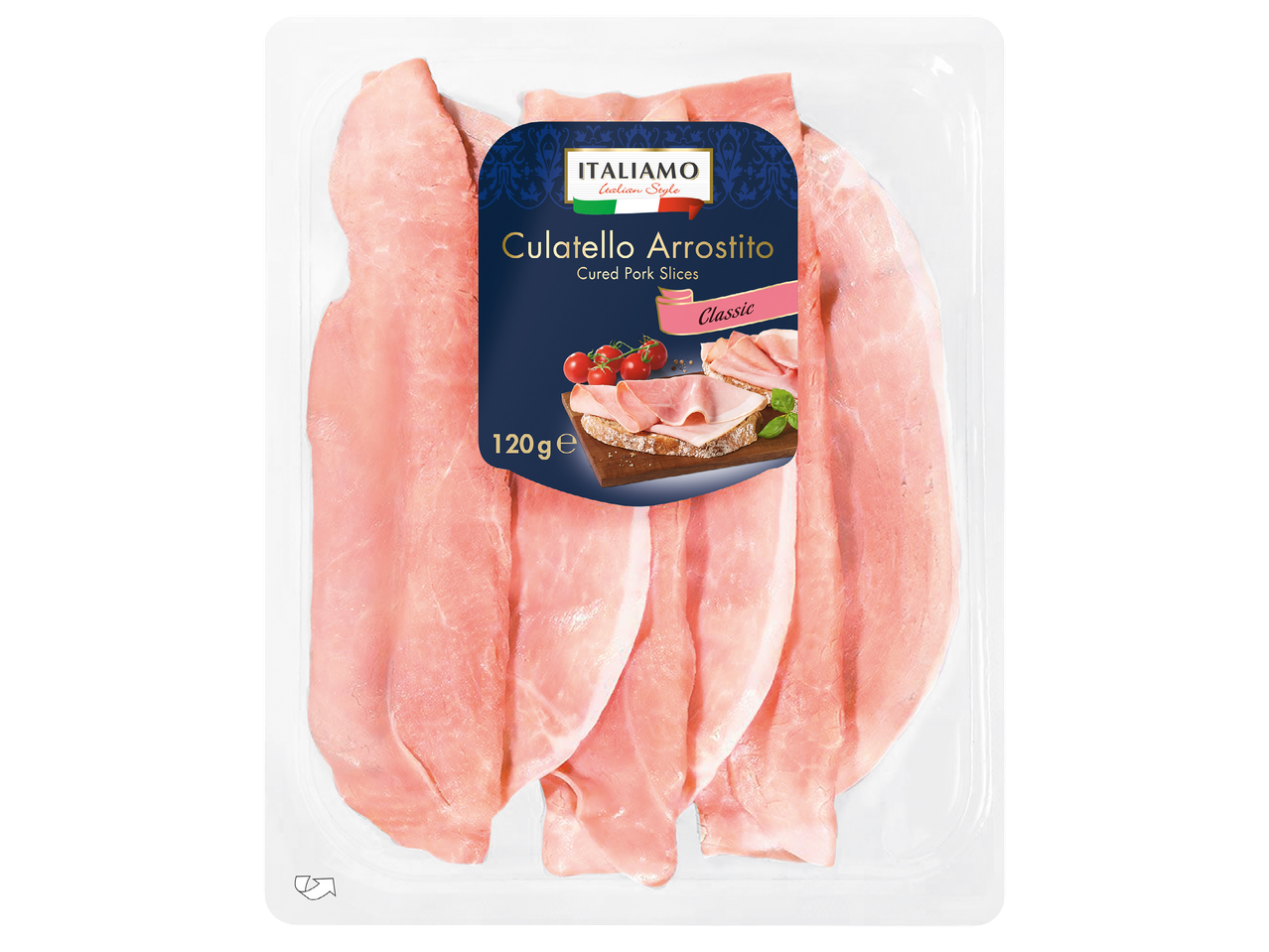 Опаковка с нарязано свинско месо Culatello Arrostito, 120g, с надпис Classic.