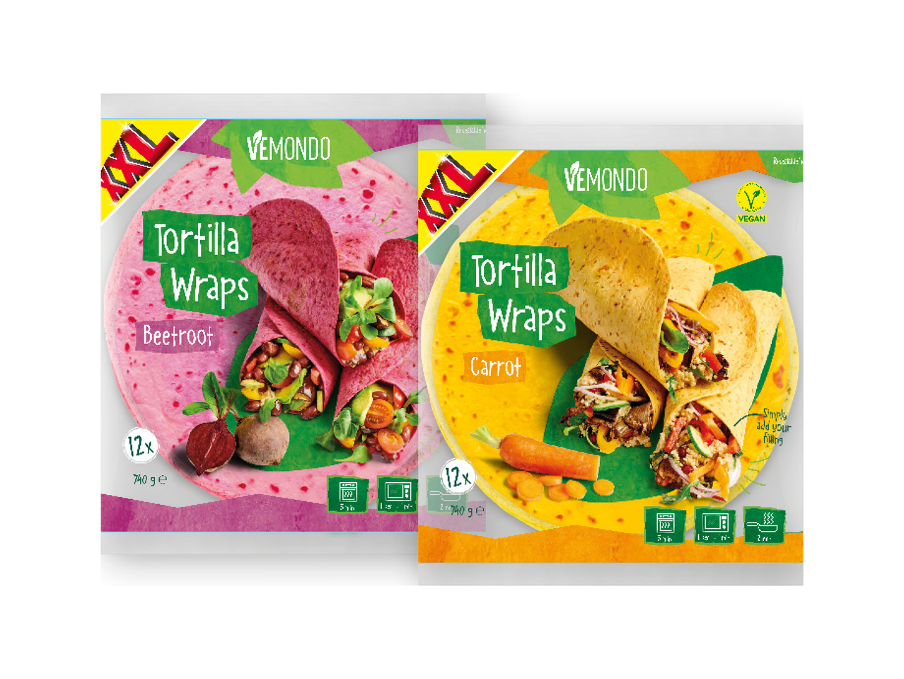 Vemondo Tortilla Wraps in Beetroot and Carrot flavors.