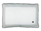 Light blue pet bed with a white quilted center and a black paw print.