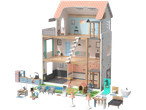 A multi-story wooden doll's house with various rooms and furniture, including a kitchen, bedroom, and outdoor pool.