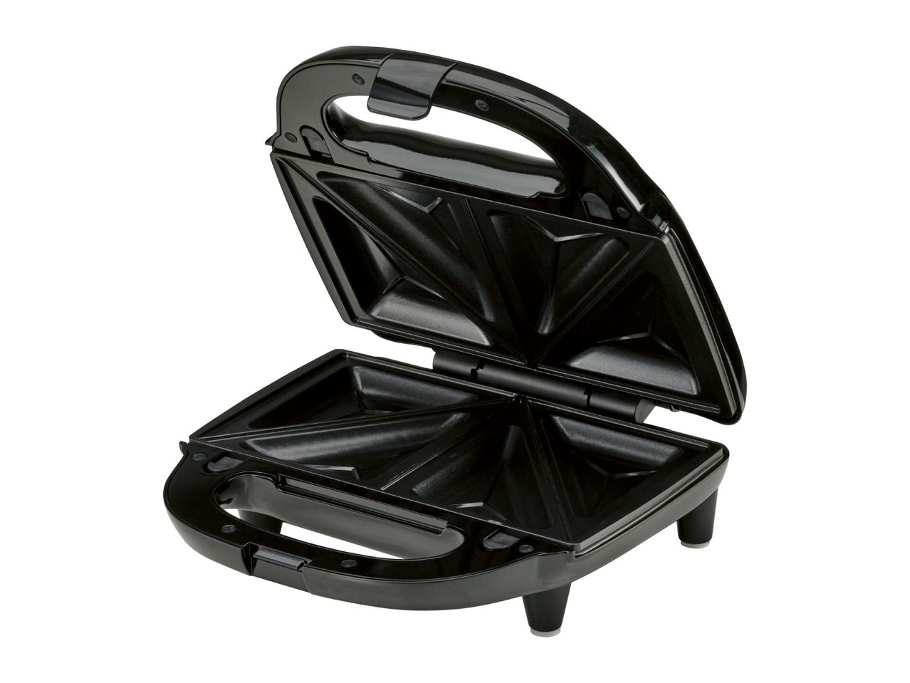 Open black sandwich maker with triangular cooking plates