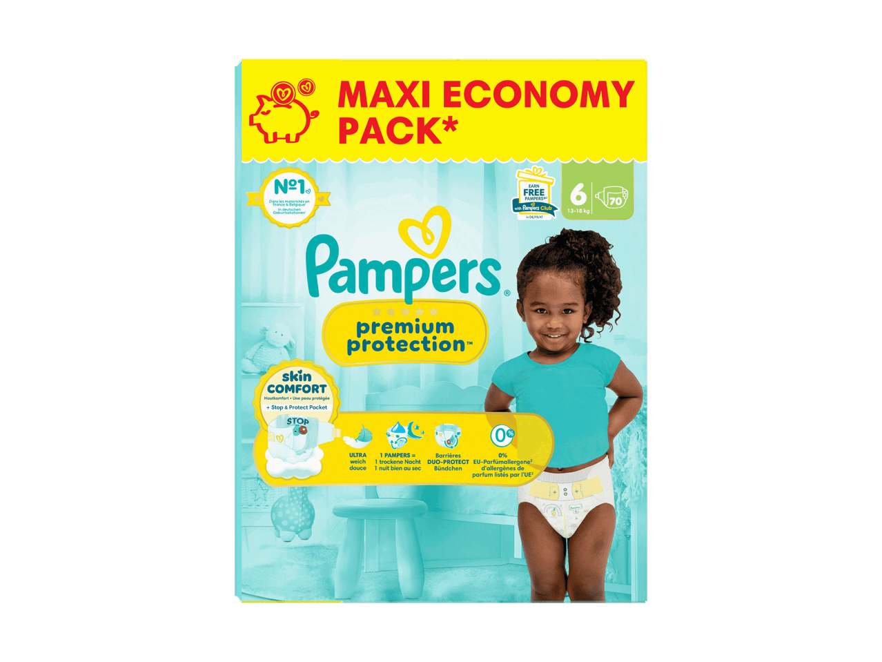 Pampers Premium Protection Maxi Economy Pack, Größe 6, mit 70 Windeln.