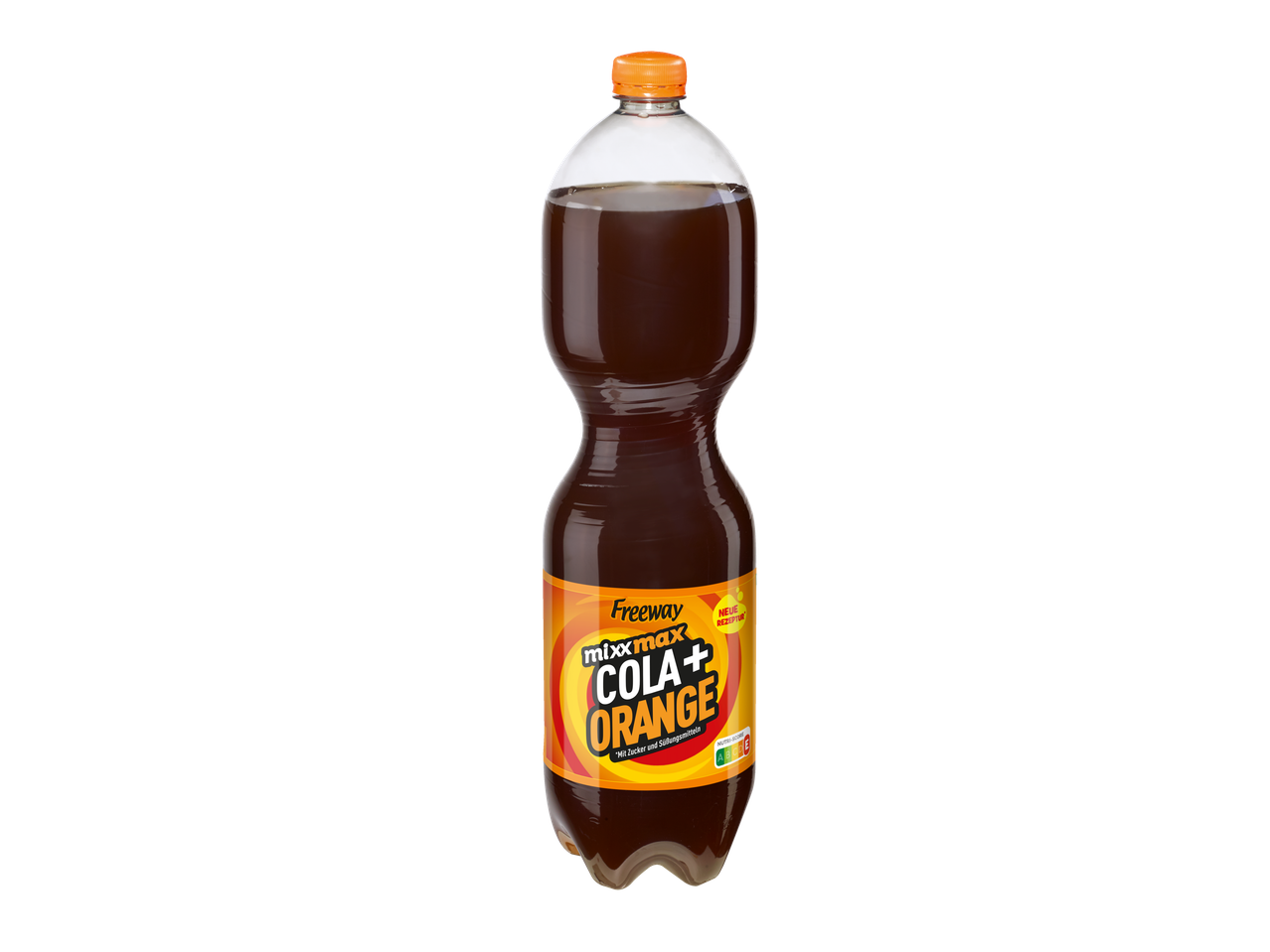 Eine 1,5-Liter-Flasche Freeway mixxmax Cola Orange.